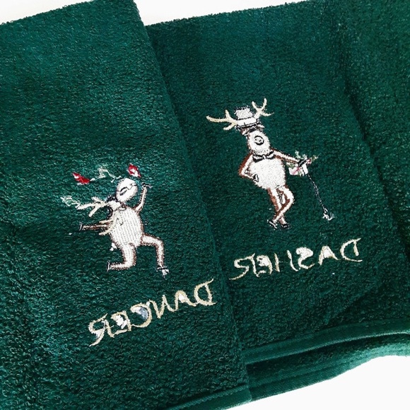 Embroidered Holiday Christmas Green Bath Hand Towels Dasher Dancer Reindeer - Picture 4 of 5